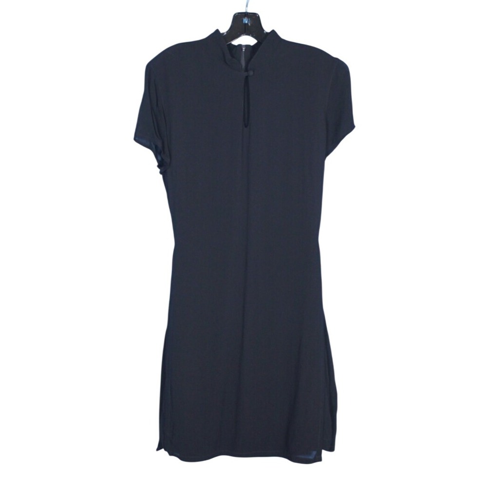 DINA BAR-EL Thin GEORGETTE Black SIDE SLITS Tie Belt ZIP BACK SHIFT DRESS Sz S